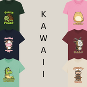 Seven cartoon animal-themed T-shirts, each featuring playful graphics and humorous text. The word
