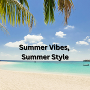 Beach with clear turquoise water, palm fronds above, and text saying
