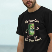 Man wearing a black Dad T-shirt with a playful green beer can cartoon. The text reads “It's Beer Can Not Beer Can't.