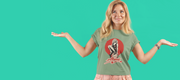 Smiling woman with wavy blonde hair wearing a green Women's Music T-shirt featuring vintage art and