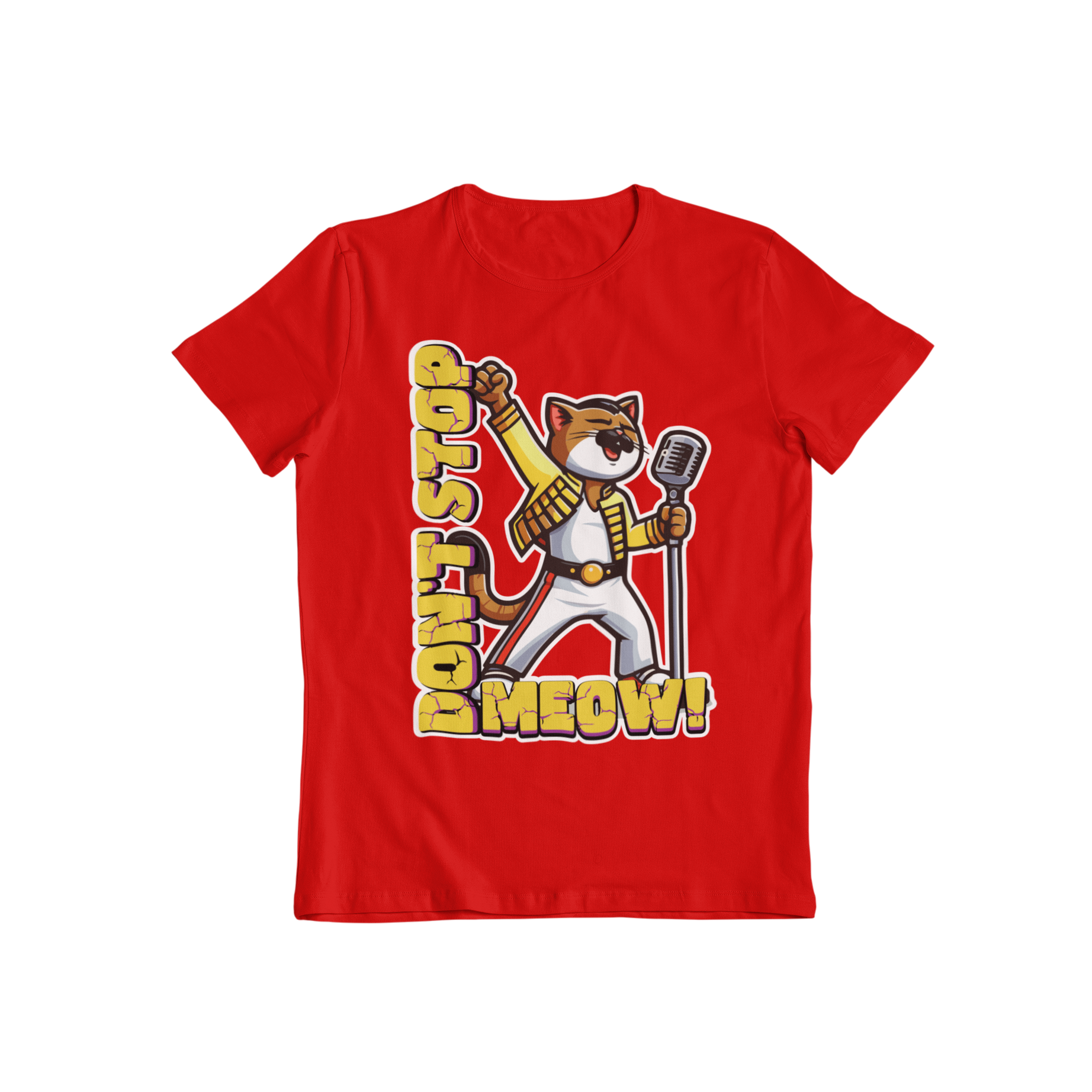 Unleash your inner rockstar with the Don't Stop Meow T-shirt. This classic tee features a feline twist on the iconic 'Don't Stop Me Now' by Queen, with a cat dressed as Freddie Mercury. Perfect for any music lover or cat enthusiast. (Note: may cause excessive meowing and air guitar playing.)