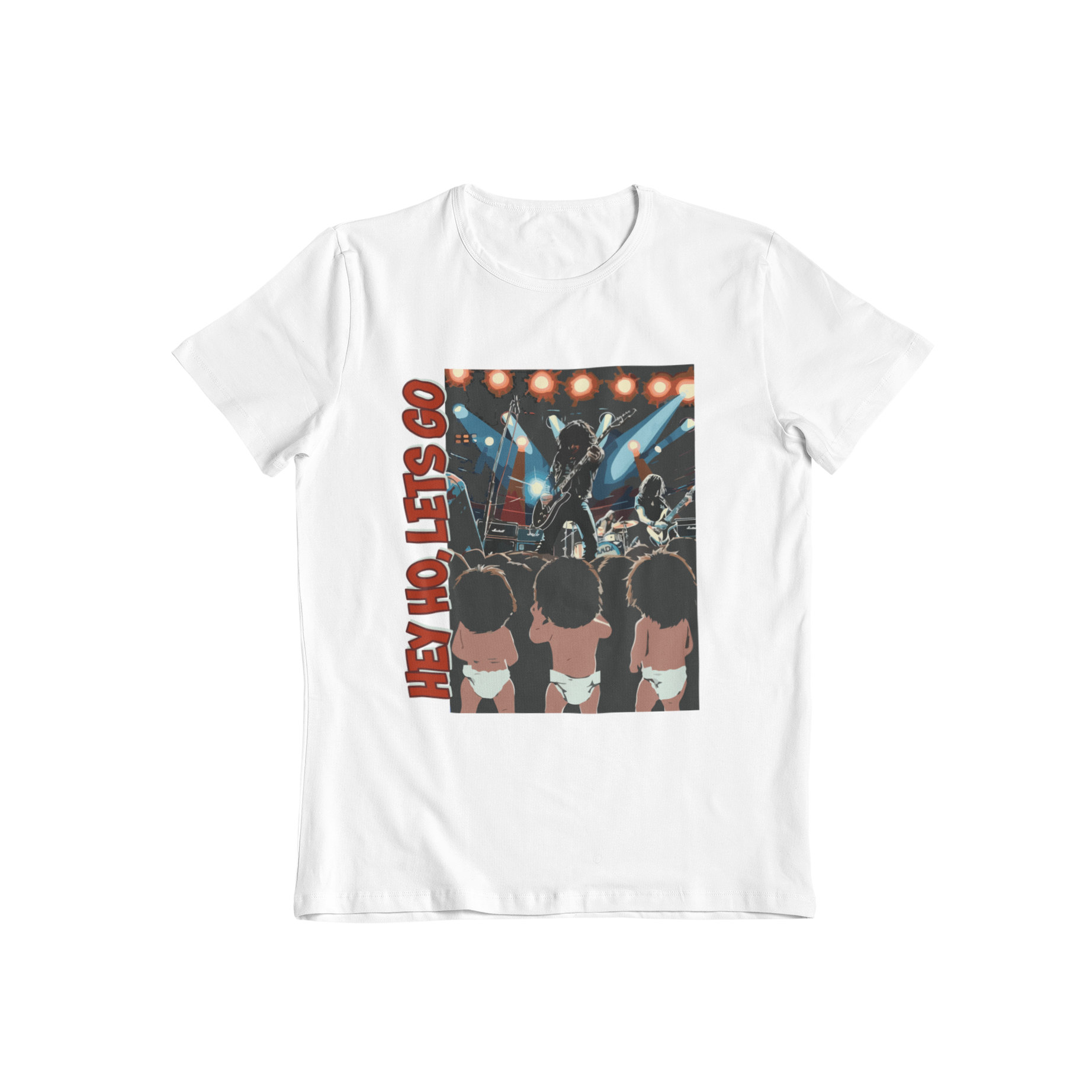 Rev up your wardrobe with the Hey Ho, Lets Go T-shirt! Featuring the iconic graphics from the Ramones classic song, this t-shirt is perfect for the rockstar in you. Get ready to rock and roll (in style) with this classic and playful t-shirt.