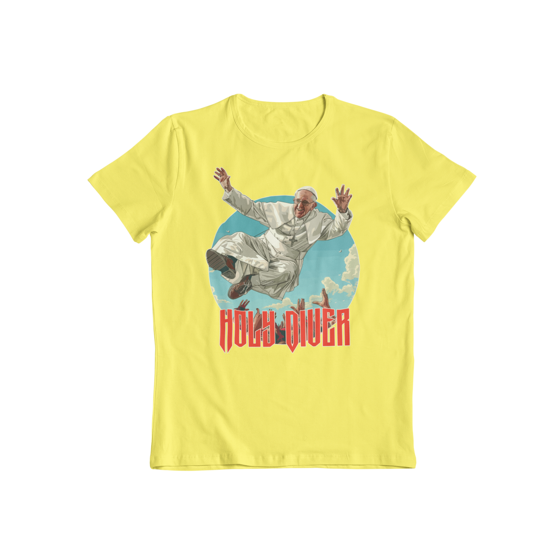 Join the ultimate holy mosh pit in our Holy Diver t-shirt! Featuring the pope crowd surfing (inspired by Dio's epic song), this classic graphic tee is perfect for expressing your love for both religion and rock. Show off your quirky side with this unique and playful shirt.