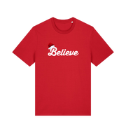 red christmas t-shirt with the slogan 'believe' and a santa hat on the b