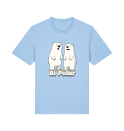 Light blue t-shirt with cartoon polar bears and 'Bi Polar' text on