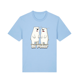 Light blue t-shirt with cartoon polar bears and 'Bi Polar' text on