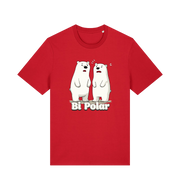red t-shirt with cartoon polar bears and 'Bi Polar' text on