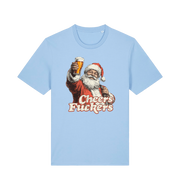 light blue christmas t-shirt with the graphic of santa raising a pint and the slogan 'cheers fuckers'
