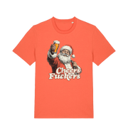 orange christmas t-shirt with the graphic of santa raising a pint and the slogan 'cheers fuckers'