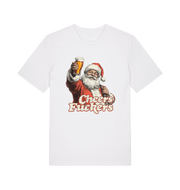 white christmas t-shirt with the graphic of santa raising a pint and the slogan 'cheers fuckers'