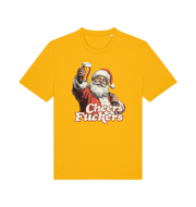 yellow christmas t-shirt with the graphic of santa raising a pint and the slogan 'cheers fuckers'