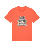 orange animal t-shirt with a graphic of a chinchilla on an armchair and 'Just Chillin' text.
