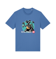 blue movie t-shirt with a robot graphic of a cat and 'CLAW-E' text