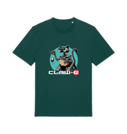 green movie t-shirt with a robot graphic of a cat and 'CLAW-E' text