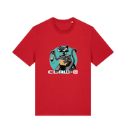 red movie t-shirt with a robot graphic of a cat and 'CLAW-E' text