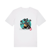 white movie t-shirt with a robot graphic of a cat and 'CLAW-E' text