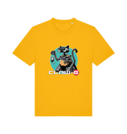 yellow movie t-shirt with a robot graphic of a cat and 'CLAW-E' text