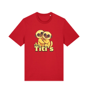 red animal t-shirt with cartoon baby monkeys and 'Cute Titi's' text