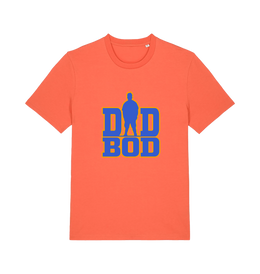 orange dad t-shirt with 'DAD BOD' graphic in blue and yellow