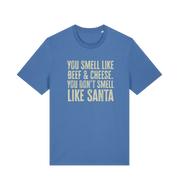 blue christmas t-shirt with the slogan 'you smell like beef and cheese, you dont smell like santa'