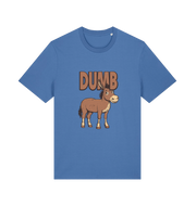 blue funny offensive t-shirt with a cartoon donkey and  the slogan 'DUMB'
