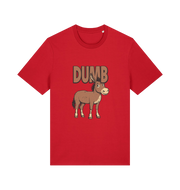 red funny offensive t-shirt with a cartoon donkey and  the slogan 'DUMB'
