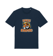 navy animal t-shirt with a tiger graphic and the slogan 'Free Exotic'