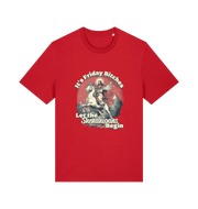 red funny offensive t-shirt with the graphic of jesus riding a unicorn and the slogan 'it's friday bitches let the shenangans begin'
