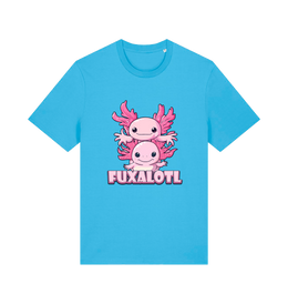 blue kawaii t-shirt with pink axolotl graphic and the slogan 'Fuxaloti'