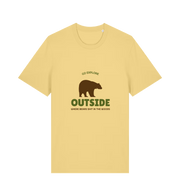 yellow funny t-shirt with the graphic of a bear on and the slogan 'go explore outside where bears shit in the woods'