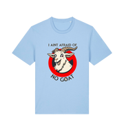 light blue animal t-shirt with the graphic of a goat and the slogan 'i ain't afraid of no goat' inspired by the classic 80's movie ghostbusters