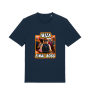 navy funny graphic t-shirt with the graphic of the viral meme ibiza final boss