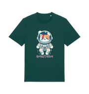 green graphic t-shirt with a cat dressed as an astronaut and the slogan 'ground control'