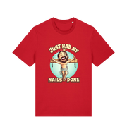 red funny jesus t-shirt with the graphic of a cartoon jesus on the cross and the slogan 'just had my nails done'