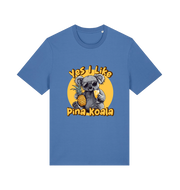 blue funny animal t-shirt with the graphic of a koala holding a pineapple and the slogan 'yes i like pina koala'