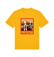 yellow movie t-shirt with the graphic of two dogs dressed in suits and the slogan 'pup fiction'