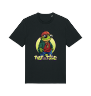 black funny animal t-shirt with the graphic of a turtle dressed as a rapper and the slogan 'rap-tile'
