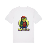white funny animal t-shirt with the graphic of a turtle dressed as a rapper and the slogan 'rap-tile'