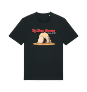 black funny jesus t-shirt with the graphic of a cave with a boulder in front and the slogan 'rolling stones since ad 33'