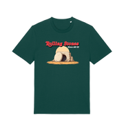 green funny jesus t-shirt with the graphic of a cave with a boulder in front and the slogan 'rolling stones since ad 33'