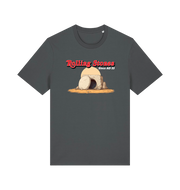 grey funny jesus t-shirt with the graphic of a cave with a boulder in front and the slogan 'rolling stones since ad 33'