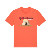 orange funny jesus t-shirt with the graphic of a cave with a boulder in front and the slogan 'rolling stones since ad 33'