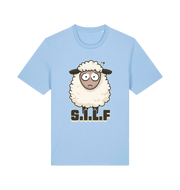 light blue funny animal t-shirt with the graphic of a worried looking sheep and the slogan 'silf'