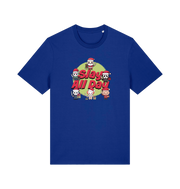 blue christmas t-shirt with the graphic of some popular horror movie characters with santa and the slogan 'slay all day'