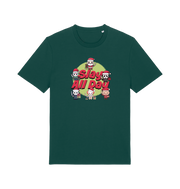green christmas t-shirt with the graphic of some popular horror movie characters with santa and the slogan 'slay all day'