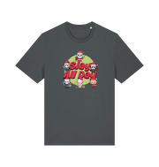 grey christmas t-shirt with the graphic of some popular horror movie characters with santa and the slogan 'slay all day'