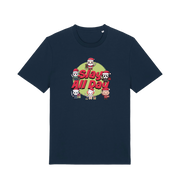 navy christmas t-shirt with the graphic of some popular horror movie characters with santa and the slogan 'slay all day'