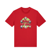 red christmas t-shirt with the graphic of some popular horror movie characters with santa and the slogan 'slay all day'