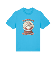 blue christmas t-shirt with the graphic of a santa inside a snowglobe and the slogan 'surrounded by snowflakes'