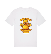 white funny offensive t-shirt with the graphic of a cartoon duck and the slogan 'splish splash your opinion is trash'